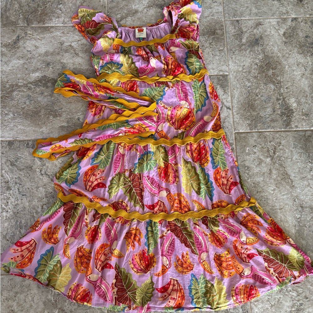FARM Rio Pink Multi-Color Floral Leaf Maxi Dress with Yellow Trim